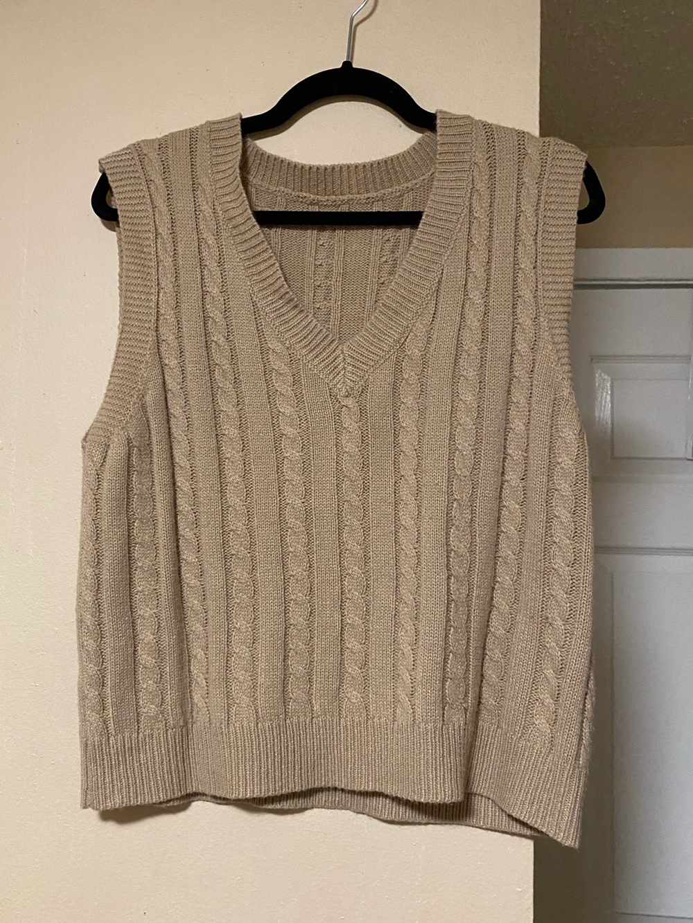 Cable Knit V-Neck Sweater Vest in Beige